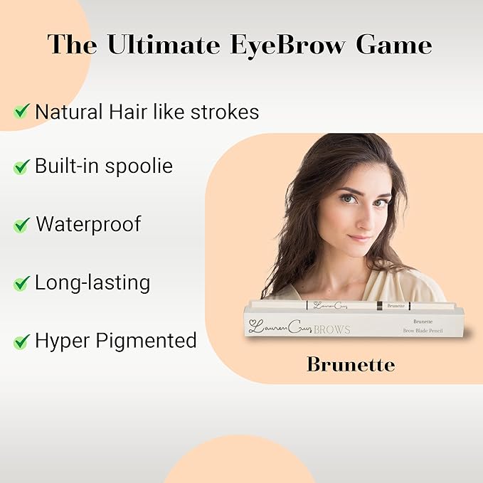 Eyebrow Pencil Make Up for Women - Long-lasting and Waterproof Eyebrow Pencil by Lauren Cruz - Dual-Ended Eyebrow Pen with Micro-tip and Spoolie -Fuller Look Brow Pencil - Brunette