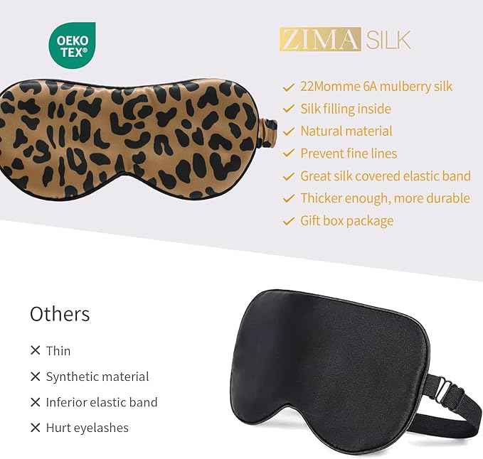ZIMASILK Adjustable 100% 22 Momme Mulberry Silk Sleep Mask for Sleeping, Filled with Premium Mulberry Silk, Softest & Breathable Eye Sleeping Mask (Leopard-Black Golden)