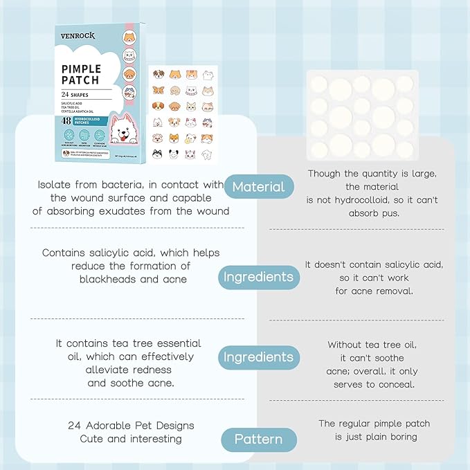 Venrock Pimple Patch, 48 Hydrocolloid Patches with Tea Tree Oil, 24 Cute Animal Shapes, Salicylic Acid Acne Treatment