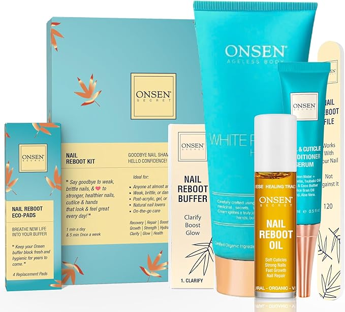 Onsen Secret Ultimate Nail Reboot Kit - Professional Nail File and Buffer, 3-Way Block w/Replacement Pads, Nail Strengthening Cuticle Cream, Reboot Oil & Anti Aging Hand Lotion