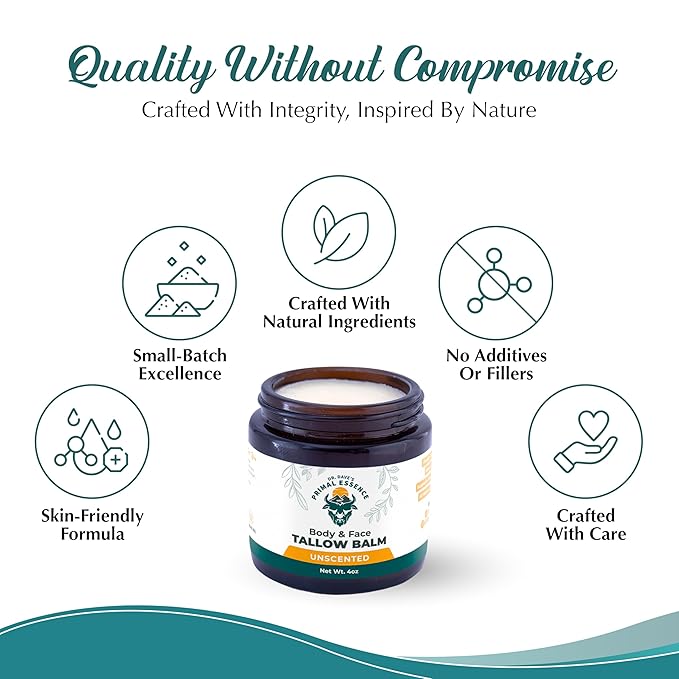 Dr. Dave's Primal Essence Grass Fed Beef Tallow Balm for Face and Body with Shea Butter, Organic Jojoba Oil, Honey, and Beeswax – Beef Tallow for Skin – Unscented Balm – 4 oz
