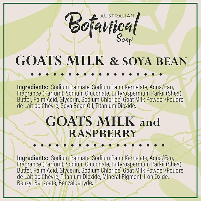 Australian Botanical Soap, Classic Goat Milk and Goat's Milk with Raspberry, 6.6 OZ, Triple Milled Bars made with a Natural Soap Base and Enriched with Organic Shea Butter, Pack of 8