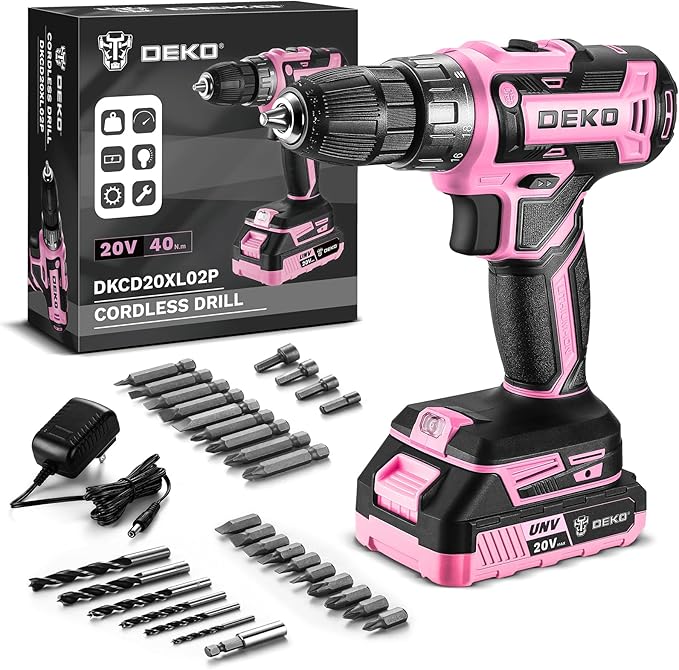 Power Drill Cordless: DEKO PRO Pink Cordless Drill 20V Electric Power Drill Set Tool for Women Drills with Battery and Charger 20 Volt Drills Driver Kit