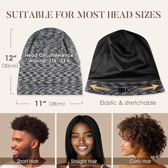 LULUSILK Mulberry Silk Lined Sleep Cap, No More Frizzy Tangled Hair, Stay On Silk Hair Wrap for Sleeping with Adjustable Strap, Silk Bonnet for Women and Men, Assorted Color Dark Grey, Pack of 1
