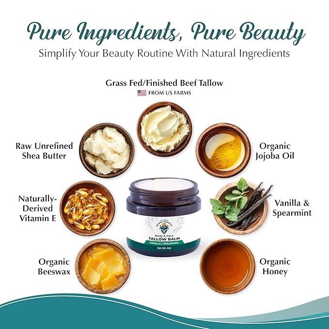 Dr. Dave's Primal Essence Grass Fed Beef Tallow Balm for Face and Body with Shea Butter, Organic Jojoba Oil, Honey, and Beeswax – Beef Tallow for Skin – Vanilla and Spearmint – 2 oz
