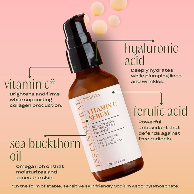 InstaNatural Vitamin C Face Serum with Hyaluronic Acid & Ferulic Acid | Brightening & Hydrating Formula for Radiant, Smooth-Looking Skin – 2 FL Oz