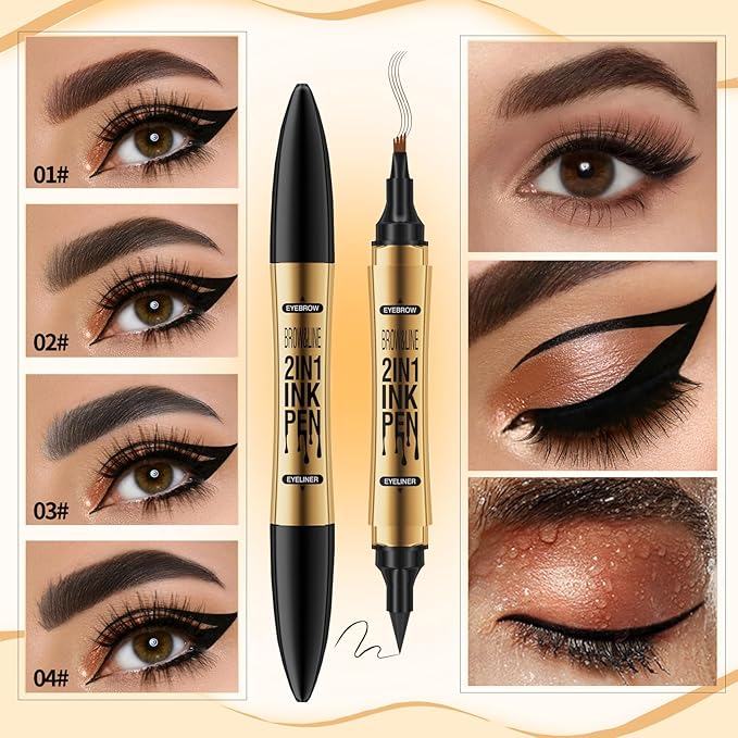 3D Four-Tip Eyebrow Pen & Eyeliner Duo - Waterproof, Long-Lasting, Smudge-Proof, Easy to Use for Perfect Brows and Defined Eyes - Gray Eyebrow Pencil & Black Eyeliner