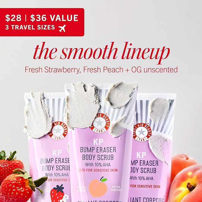 First Aid Beauty Smooth + Juicy Body Scrub Kit: KP Bump Eraser Body Scrub with 10% AHA, Daily Exfoliation Keratosis Pilaris Set to Help Reduce Chicken Skin Bumps; Strawberry, Peach, & Original (2 oz)