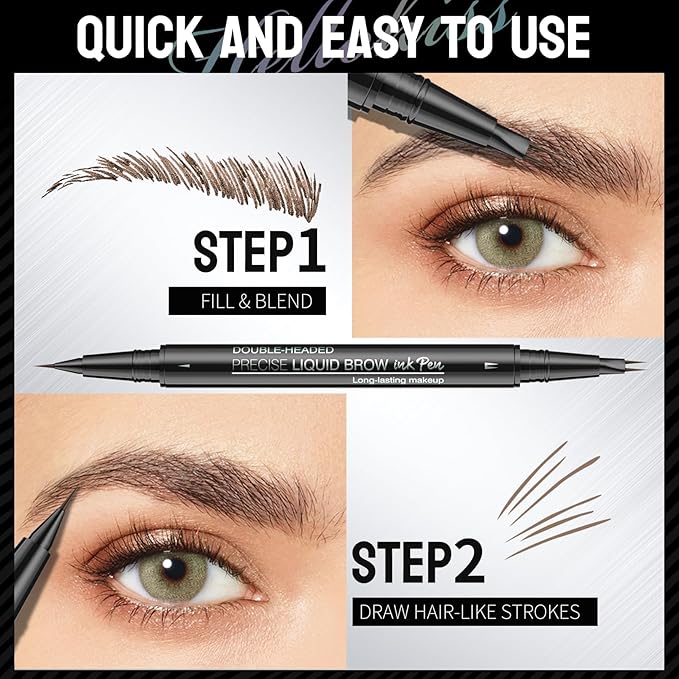 Eyebrow Pencil, Eyebrow Pen with Double-Brush Tip 2-in-1 Eyeliner Dual-Ended Microblading Long Lasting Waterproof Hair-Like Brow Pencil with Eyebrow Brush (Dark brown)