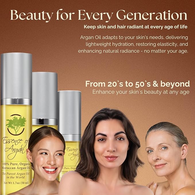 Essence Of Argan Pure Argan Oil for Hair, Skin & Nails - Natural Eco-Certified Cold Pressed Oil for Skin Moisturization - Non-Greasy Formula for Hair and Nail Growth - 1 Oz /30ml