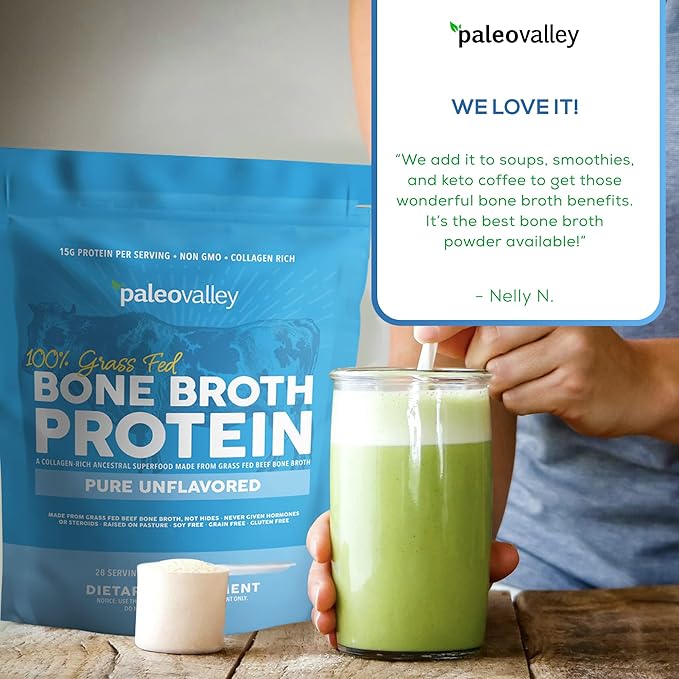 Paleovalley 100% Grass Fed Beef Bone Broth Protein Powder - Rich in Collagen Peptides for Hair, Skin, Gut Health, Bone and Joint Support - 30 Servings, 15g Protein Per Serving - No Gluten or GMOs