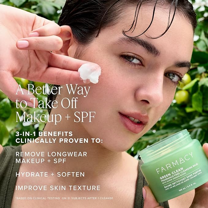 Farmacy Makeup Remover Cleansing Balm - Green Clean Waterproof Makeup Remover + Oil Based Cleanser - Newly Formulated Double Cleanser with Plant Based Waxes + Upcycled Moringa - Fragrance Free (30ml)