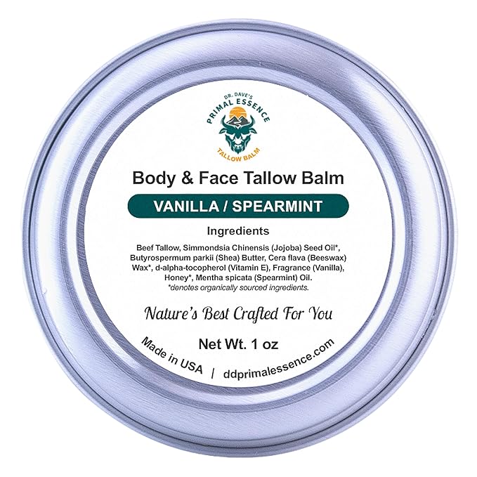 Dr. Dave's Primal Essence Grass Fed Beef Tallow Balm for Face and Body with Shea Butter, Organic Jojoba Oil, Honey, and Beeswax – Beef Tallow for Skin – Vanilla and Spearmint – 1 oz