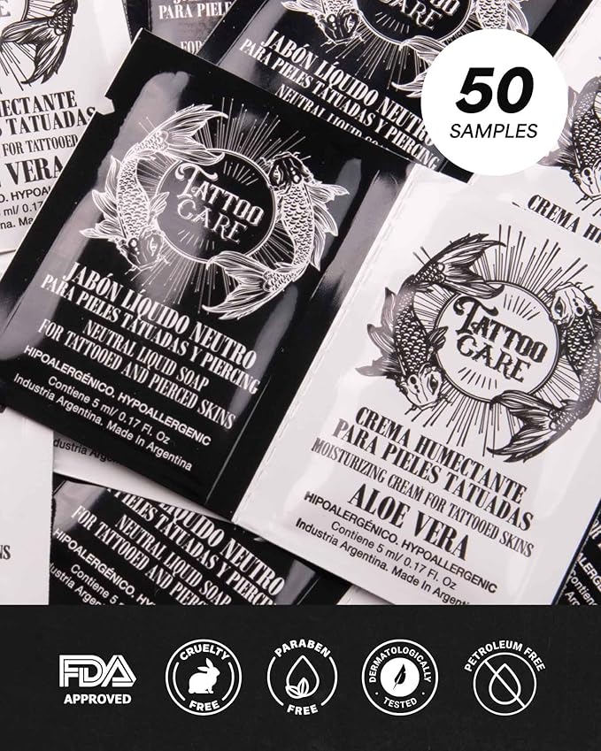 Tattoo Aftercare Kit - Cream and Soap (50-Pack), Brightening Formula for Tattoo Artists & Travel - Ink Hydration Tattoo Lotion Pillow Packs