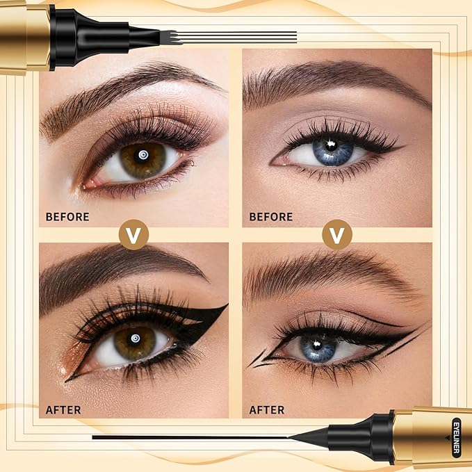 3D Four-Tip Eyebrow Pen & Eyeliner Duo - Waterproof, Long-Lasting, Smudge-Proof, Easy to Use for Perfect Brows and Defined Eyes - Light Brown Eyebrow Pencil & Black Eyeliner