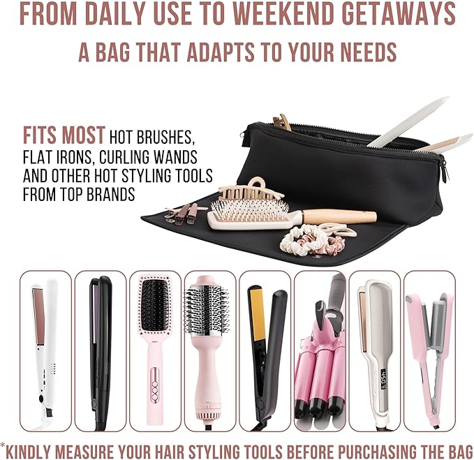 Hair Tools Travel Bag and Heat Resistant Mat for Flat Irons, Straighteners, Curling Iron, and Haircare Accessories, 2-in-1 design, with Interior Pockets, Portable Organizer