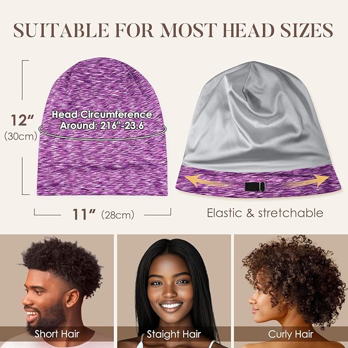 LULUSILK Mulberry Silk Lined Sleep Cap, No More Frizzy Tangled Hair, Stay On Silk Hair Wrap for Sleeping with Adjustable Strap, Silk Bonnet for Women and Men, Assorted Color Purple, Pack of 1
