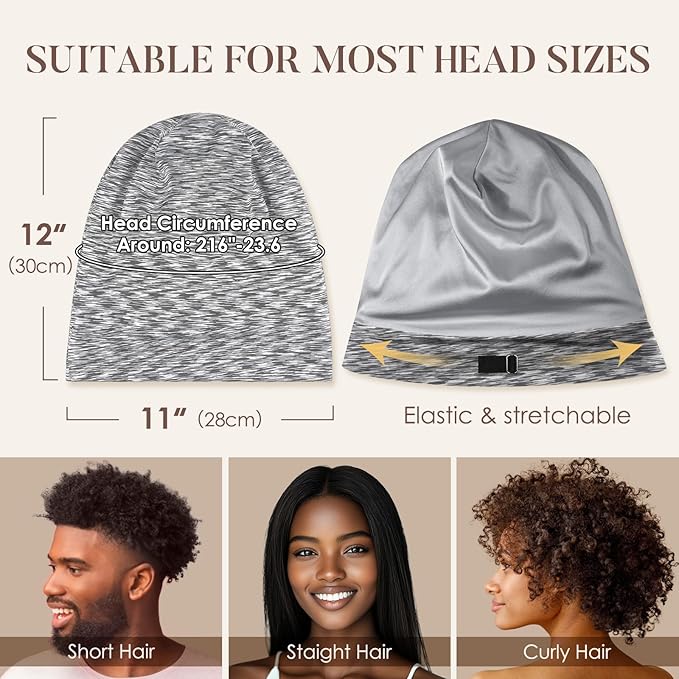 LULUSILK 100% Mulberry Silk Lined Sleep Cap Silk Bonnet for Sleeping, No More Frizzy Tangled Hair, Stay On All Night Adjustable Silk Hair Wrap for Sleeping, Assorted Color Light Grey, Pack of 1