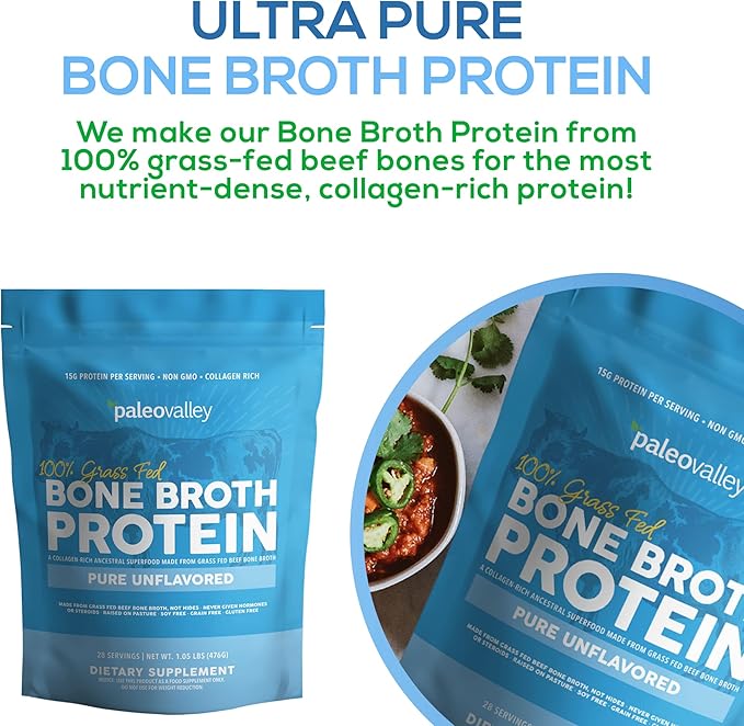 Paleovalley 100% Grass Fed Beef Bone Broth Protein Powder - Rich in Collagen Peptides for Hair, Skin, Gut Health, Bone and Joint Support - 30 Servings, 15g Protein Per Serving - No Gluten or GMOs