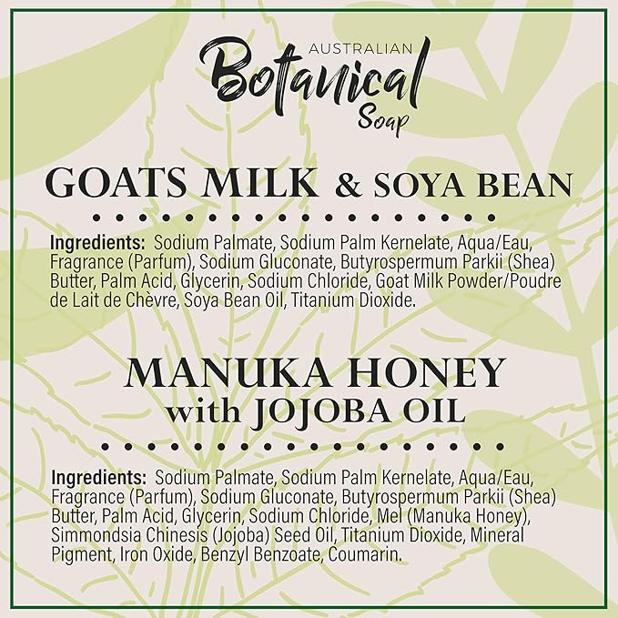 Australian Botanical Goats Milk Soap and Manuka Honey 6.6 OZ, Triple Milled Bars made with a Natural Soap Base and Enriched with Organic Shea Butter, Pack of 8