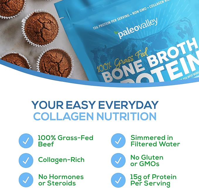 Paleovalley 100% Grass Fed Beef Bone Broth Protein Powder - Rich in Collagen Peptides for Hair, Skin, Gut Health, Bone and Joint Support - 30 Servings, 15g Protein Per Serving - No Gluten or GMOs