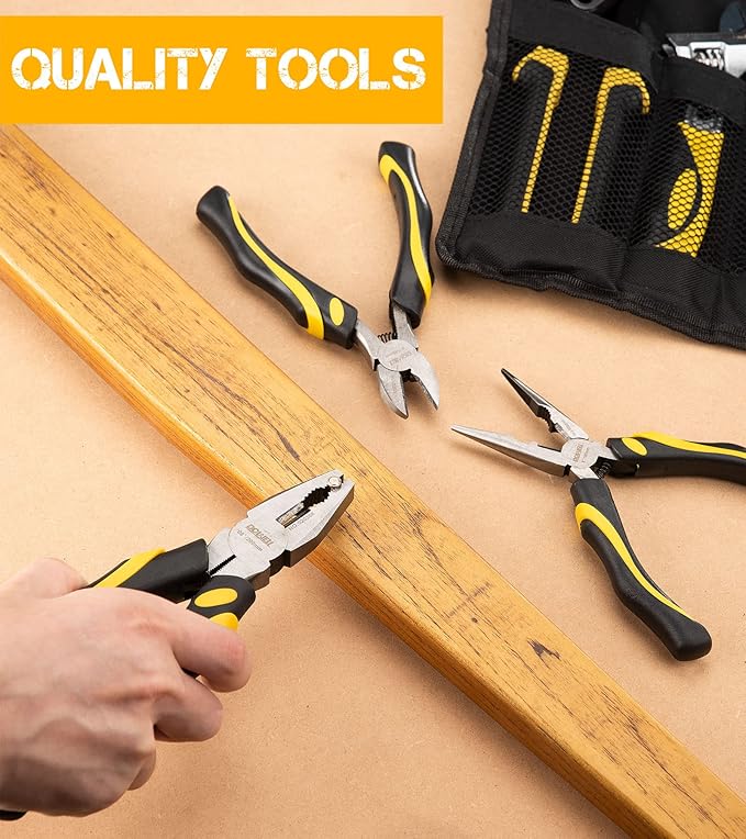 DOWELL Pliers Set - 8pcs, 10/8/6-inch Pliers & Wrench, Hammer, Tool Pouch