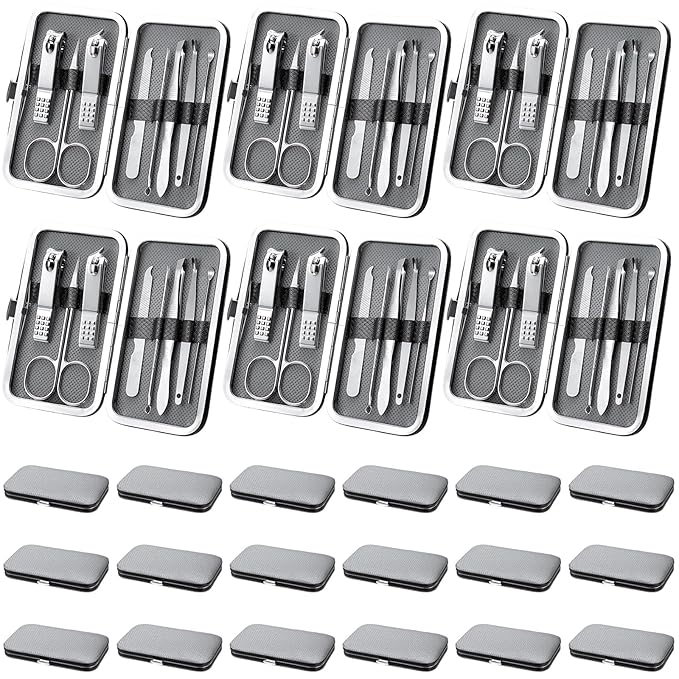 Lasnten 24 Set Manicure Set Bulk Nail Clippers Grooming Nail Kit Stainless Steel Professional Pedicure Kit Pedicure Tools with Travel Case Gifts for Men Women Personal(8 in 1,Gray, Silver)