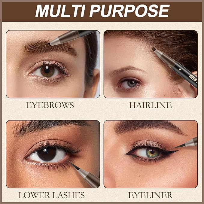 Boobeen 2pcs Waterproof Eyebrow Pen,Dual-Ended Eyeliner Microblading Eyebrow Pencil for Women,Long Lasting Hair-Like Brow Pen with Brow Brush,Dark Brown