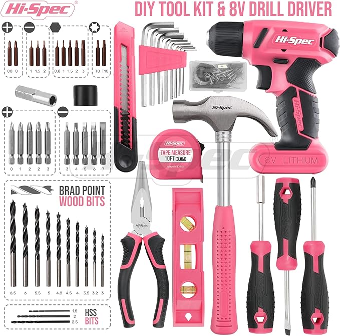 Hi-Spec 58pc Pink 8V USB Electric Power Cordless Drill Driver and Womens Ladies Home DIY Tool Kit Set. Screwdrivers, Drill Bit Set Accessories, Pliers and Hammer In a Toolbox Case