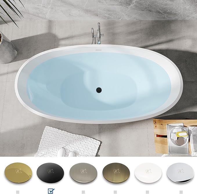 FerdY Koh Samui 65" Freestanding Bathtub, Elegant Oval Shape, Double Walled Insulation Bathtub with Center Matte Black Drain & Minimalist Linear Design Overflow