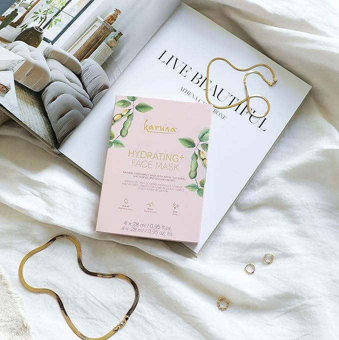 Karuna Hydrating+ Sheet Masks for Well-Moisturized & Hydrated Skin, Glow-Enhancing Face Masks Skin Care Products, Hydrating Facial Masks with Natto, Niacinamide & Sodium Lactate, 4 Sheets