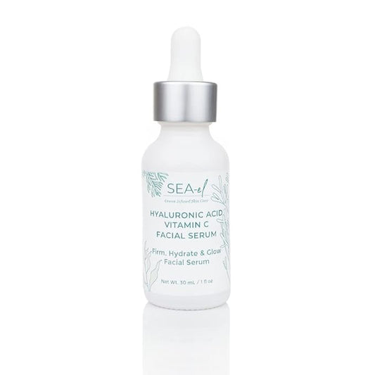 Sea-el Hyaluronic Acid & Vitamin C Facial Serum Drops Firming Hydration & Glow Anti Aging Face Moisturizer - Daily Wrinkle Diminishing Skin Care for Women & Men, Vegan - 1 Fl Oz