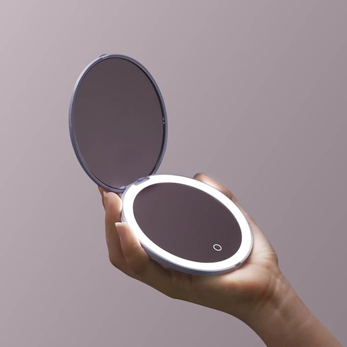 Fancii Mini Taylor Compact Magnifying Mirror with LED Light, 10x/1x, Rechargeable, 3 Light Settings, Dimmable - Small Lighted Travel Handheld Mirror for Pocket, Handbag, Purse, 2-Sided (Beige)