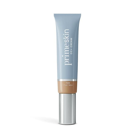 PrimeSkin CC+ Cream for Mature Women – Lightweight Liquid-to-Powder Foundation – Blurs Pores & Covers Age Spots – Crease-Free, Hydrating & Soft-Matte Finish for Sensitive Skin (Tan)