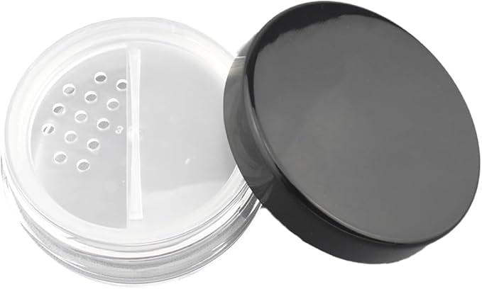 HAHIYO 1Pcs 10ml/0.34oz Plastic Empty Travel Compact Case Makeup Cosmetic Jar Refillable Powder Box No Leak Powder Holder with Rotatable Sifter and Black Screw Lid