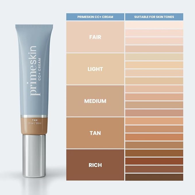 PrimeSkin CC+ Cream for Mature Women – Lightweight Liquid-to-Powder Foundation – Blurs Pores & Covers Age Spots – Crease-Free, Hydrating & Soft-Matte Finish for Sensitive Skin (Tan)