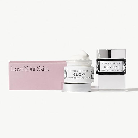 Naked & Thriving The Radiant Eye Set | Glow Triple Boost Eye Cream (15 mL) + Revive Firming Eye Cream (15 mL) with Peptides, Hyaluronic Acid, Bakuchiol, and Shea Butter (Set of 2)