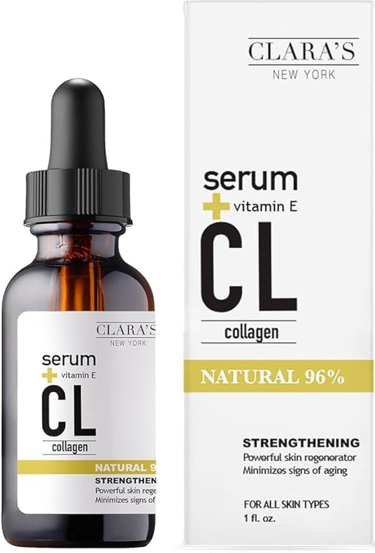 CLARA'S NEW YORK Glycolic Acid Facial Serum with Vitamin E for Exfoliating Smoothing Glowing Face Skin - Made in USA 30ml (1Fl/Oz) (Collagen)