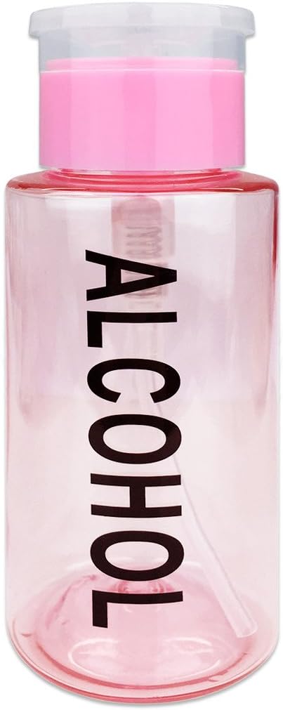 7oz Pink with Word Imprint Push Down Pump Dispenser Empty Refillerable Bottle with Flip Top Cap - for Nail Polish, Travel, Cosmetics Packaging
