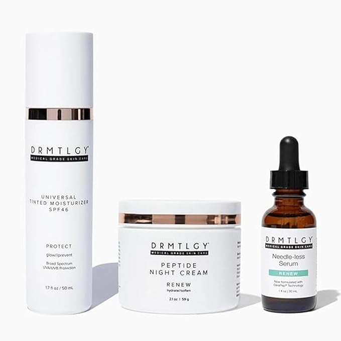 DRMTLGY Anti-Aging Trio: Needle-less Serum, Tinted Moisturizer with SPF 46, & Peptide Night Cream