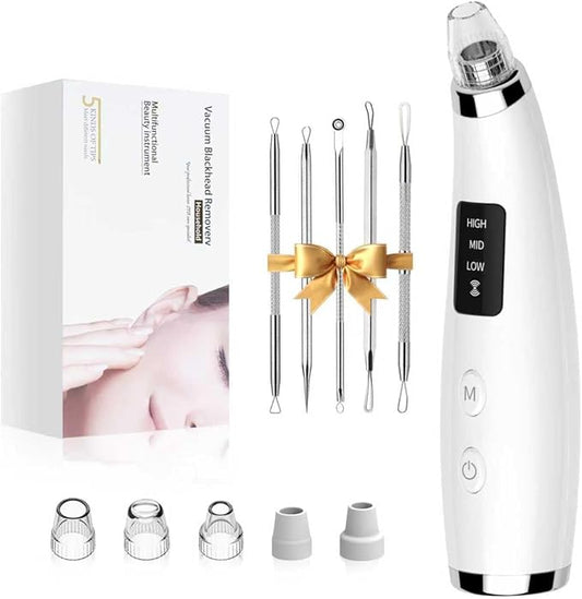 Facial Pore Blackhead Remover Vacuum - Fore Cleaner and Blackhead Extractor with 3 Adjustable Suction Levels - 5 Probes - Pore Vacuum Kit for Women&Men (White)