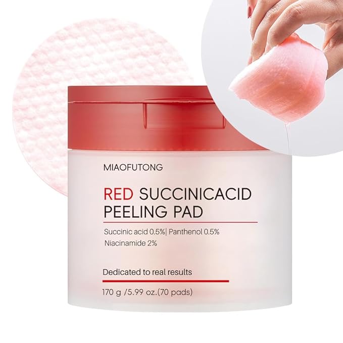 Facial Peeling Pads with Succinic Acid, Niacinamide, AHA, BHA, Panthenol for Breakout-Prone Skin, Red (70p, Succinic Acid)
