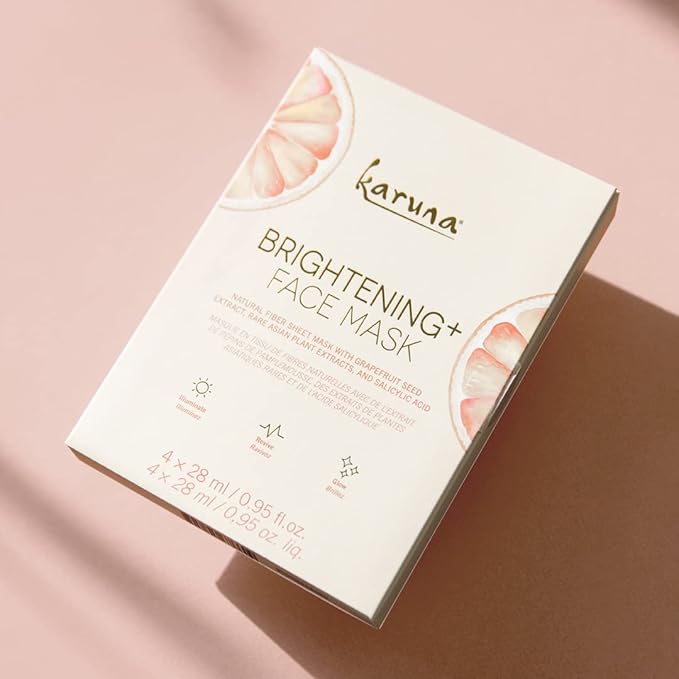 Karuna Brightening+ Sheet Masks for Radiant Skin, Hydrating Face Mask Skin Care Essential, Face Mask with Grapefruit Seed & Rare Asian Plant Extracts Plus Salicylic Acid, 4 Sheets per Pack