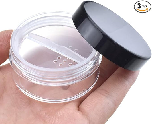 HAHIYO 3Pcs 20ml/0.68oz Plastic Empty Travel Compact Case Makeup Cosmetic Jar Refillable Powder Box No Leak Holder with Rotatable Sifter and Black Screw Lid