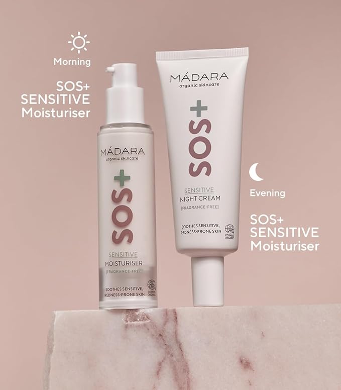 MÁDARA Organic Skincare | SOS+ SENSITIVE Moisturiser, 50ml – Lightweight sensitive skin moisturiser for redness-prone and reactive complexions, With hyaluronic acid and red algae, Fragrance-free.