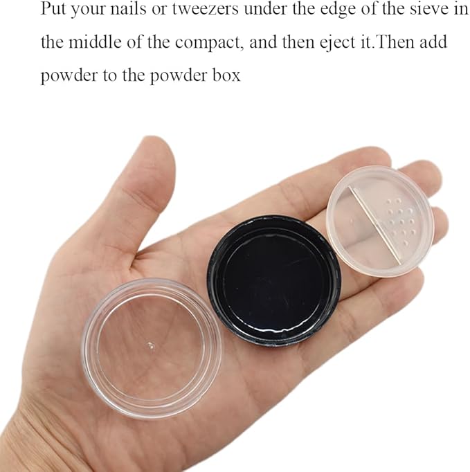 HAHIYO 1Pcs 10ml/0.34oz Plastic Empty Travel Compact Case Makeup Cosmetic Jar Refillable Powder Box No Leak Powder Holder with Rotatable Sifter and Black Screw Lid