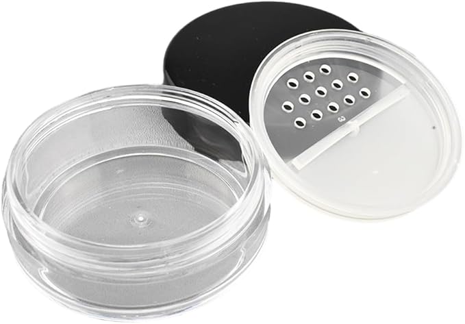 HAHIYO 1Pcs 10ml/0.34oz Plastic Empty Travel Compact Case Makeup Cosmetic Jar Refillable Powder Box No Leak Powder Holder with Rotatable Sifter and Black Screw Lid