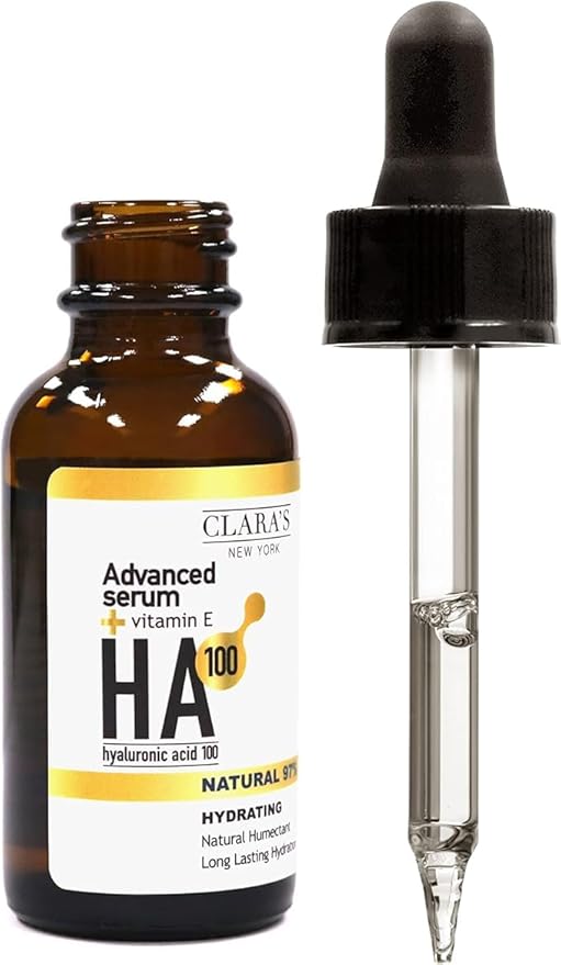 CLARA'S NEW YORK Glycolic Acid Facial Serum with Vitamin E for Exfoliating Smoothing Glowing Face Skin - Made in USA 30ml (1Fl/Oz) (Hyaluronic Acid 100)