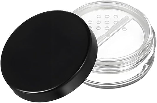 HAHIYO 1Pcs 20ml/0.68oz Plastic Empty Travel Compact Case Makeup Cosmetic Jar Refillable Powder Box No Leak Holder with Rotatable Sifter and Black Screw Lid