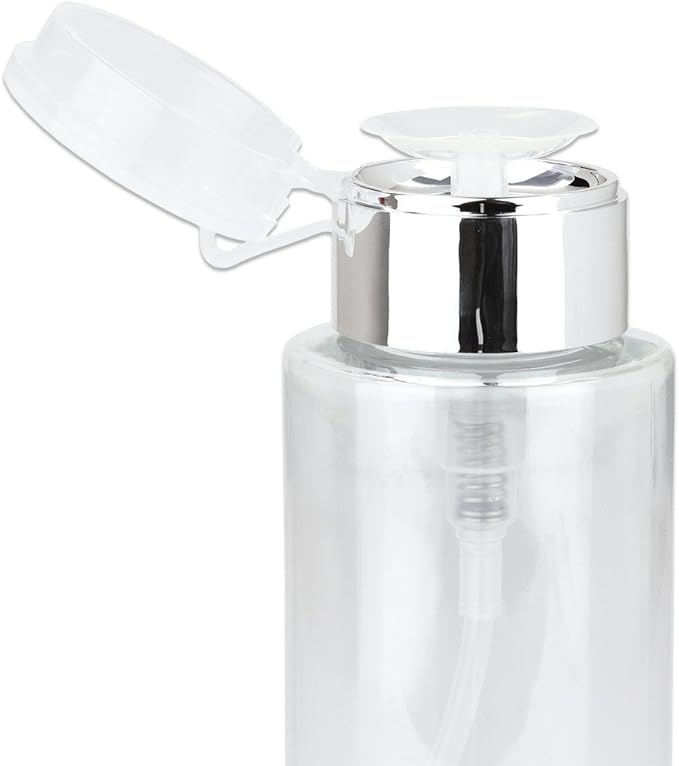 7oz Silver Push Down Pump Dispenser Empty Refillerble Bottle with Flip Top Cap - for Nail Polish, Travel, Cosmetics Packaging